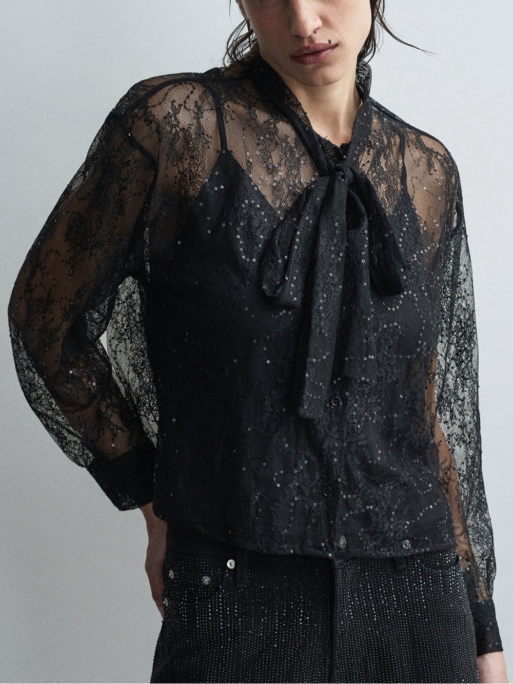 Maje Cexyelle Sheer Black Lace Button-Up Blouse w Sequins & Tie Neck Details